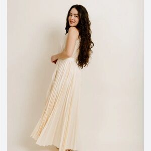 Pleated cream midi dress // tie neck detail